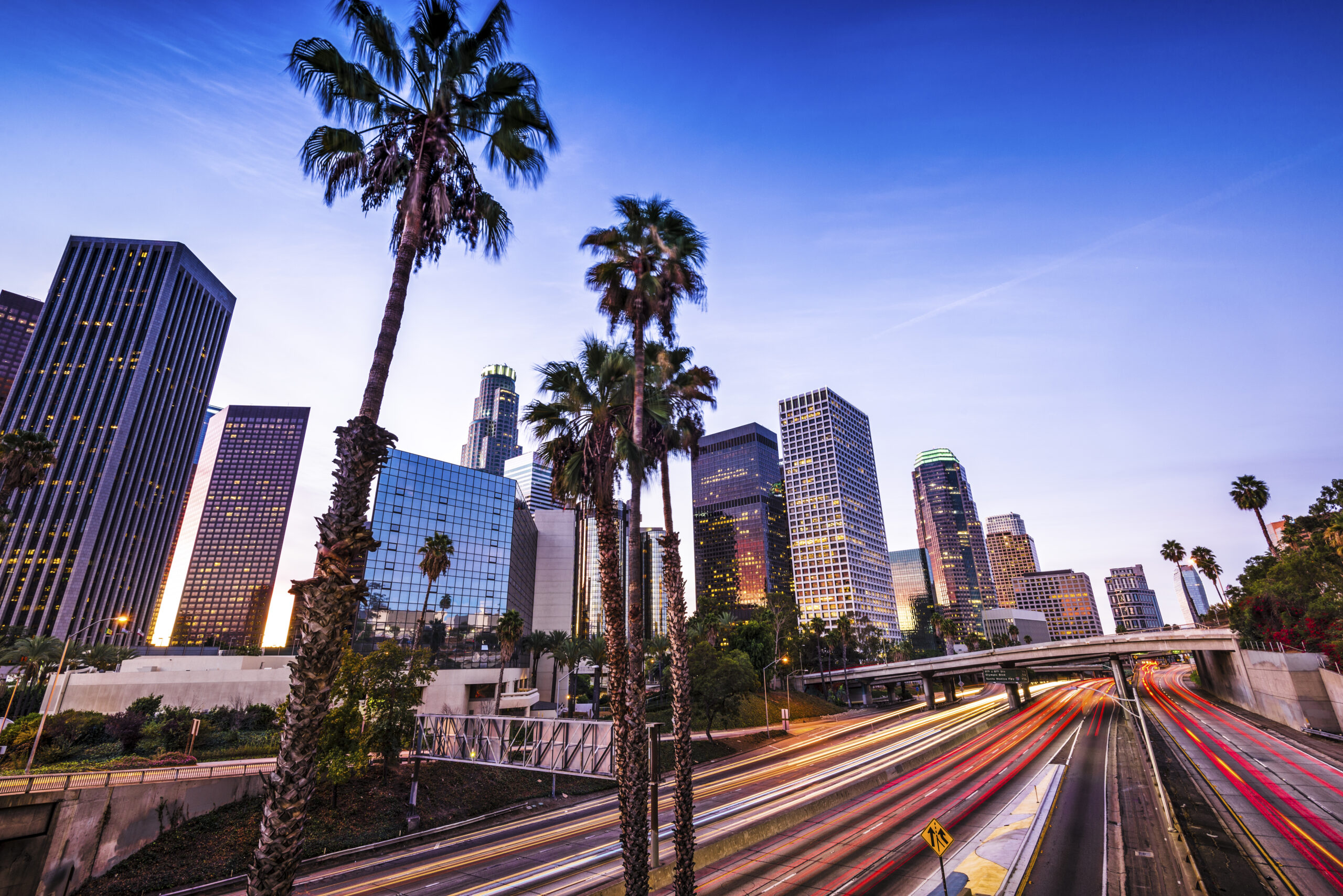 Los Angeles pilvenpiirtäjiä ja palmupuita